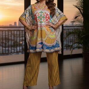 Colorful Patterned Kaftan and Striped Pants Set